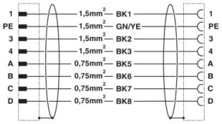 Электрическая схема, Цоколевка контактов штекеров/гнезд M23