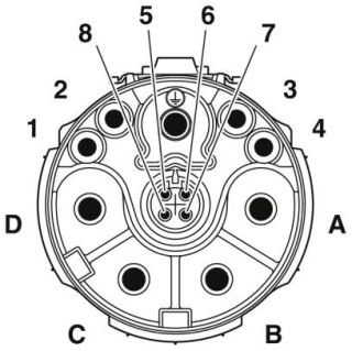 Схематический чертеж, Расположение сигнальных контактов штыревого разъема, кодировка 1