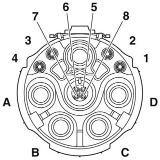 Схематический чертеж, Расположение контактов гнезда CAT5, кодировка 1