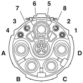 Схематический чертеж, Расположение сигнальных контактов гнезда, кодировка 1