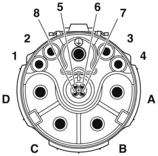 Схематический чертеж, Расположение контактов штыревого разъема CAT5, кодировка 1