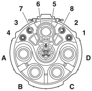 Схематический чертеж, Расположение контактов гнезда CAT5, кодировка 2