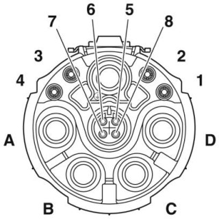 Схематический чертеж, Расположение сигнальных контактов гнезда, кодировка 2