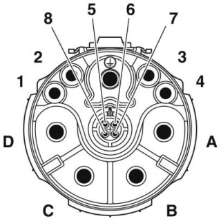 Схематический чертеж, Расположение контактов штыревого разъема CAT5, кодировка 2