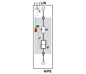 УЗИП Тип 1+2, Схема (1+0), 1 полюс, TN, UN120/UC150 Vac, Iimp=12,5kA, In=20kA (сигнализация визуальная + дистанционная)
