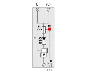 Схема (1+0), 1 полюс, моноблочный, Тип 1+2+3,  Iimp=25kA, Imax=70kA,  индикатор+сигнализация