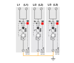 Схема (3+0), 3 полюса, моноблочный сборный, Тип 1+2+3,  Iimp=75kA, UC-400  индикатор+сигнализация