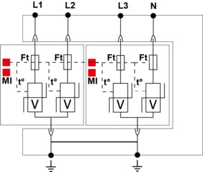 УЗИП Тип 2, Схема (4+0), 4 полюса, TNS, UN120/UC150 Vac, In=20kA, Imax=40kA, (сигнализация визуальная)