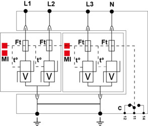 УЗИП Тип 2, Схема (4+0), 4 полюса, TNS, UN230/UC255 Vac, MCOV=275 Vac, In=20kA, Imax=40kA, (сигнализация визуальная + дистанционная)