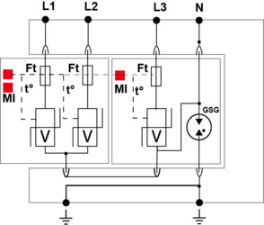 УЗИП Тип 2, Схема (3+1), 4 полюса, TT-TNS, UN230/UC255 Vac, MCOV=275 Vac, In=20kA, Imax=40kA, (сигнализация визуальная)