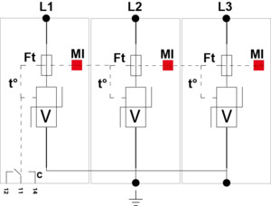 УЗИП Тип 2 (или 3), Схема (3+0), 3 полюса, TNC, UN120/UC150 Vac, In=5kA, Imax=10kA, Imax total=30kA (сигнализация визуальная + дистанционная)