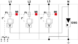 УЗИП Тип 2 (или 3), Схема (3+1), 4 полюса, TT-TNS, UN230/UC255 Vac, In=5kA, Imax=10kA, Imax total=40kA (сигнализация визуальная + дистанционная)