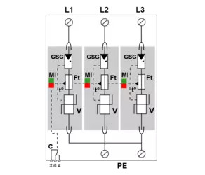 УЗИП Тип 1+2+3, Схема (3+0), 3 полюса, TNC, 320V ac , Iimp=12,5kA, Itota=37,5kA, In=20kA, Imax=50kA (сигнализация визуальная+ дистанционная)