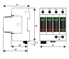 УЗИП Тип 2+3, Схема (3+1), 4 полюса, , 150  Vac, In=20kA  (сигнализация визуальная + дистанционная)