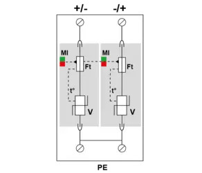 УЗИП для постоянного тока UN 48 V UC 65 / DC - AC 50Vac / Iimp 4 kA In 15 ka  - 2 полюса. +/PE и -/PE