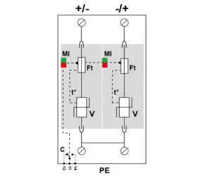 УЗИП для постоянного тока UN 48 V UC 65 / DC - AC 50Vac / Iimp 4 kA In 15 ka  - 2 полюса. +/PE и -/PE   - дистанционная сигнализация срабатывания 