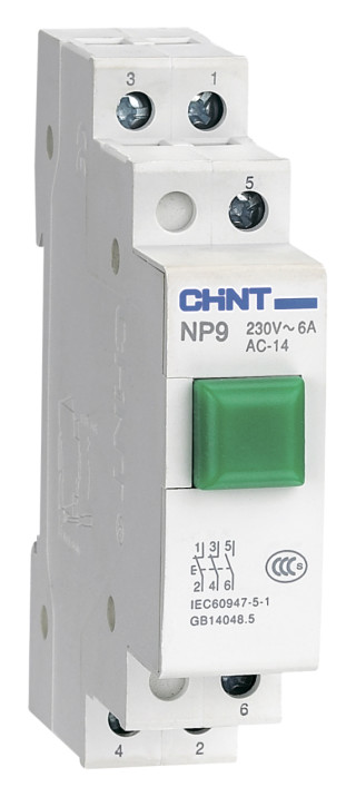 Кнопка модульная NP9-10D3/1 с подсветкой, 1НО, AC/DC230В, зеленая(R)