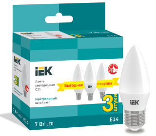 Лампа светодиодная C35 свеча 7Вт 230В 4000К E14 (3шт/упак) IEK