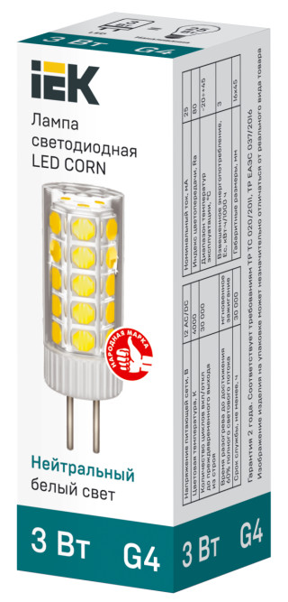 Лампа светодиодная CORN капсула 3Вт 12В 4000К керамика G4 IEK