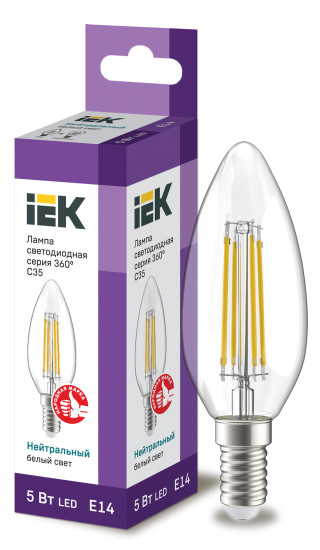 Лампа светодиодная C35 свеча прозрачная 5Вт 230В 4000К E14 серия 360° IEK