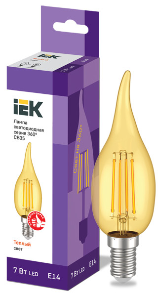 Лампа светодиодная CВ35 свеча на ветру золото 7Вт 230В 2700К E14 серия 360° IEK