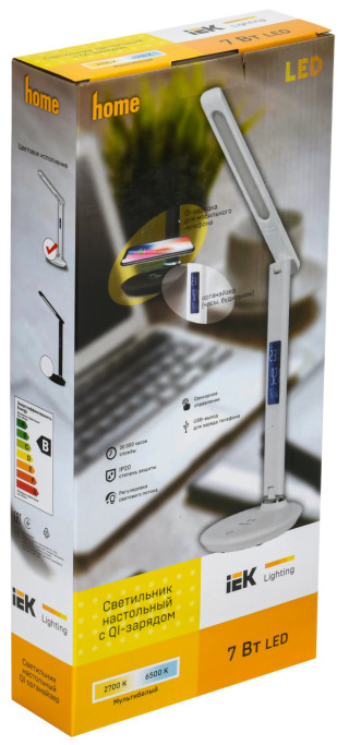 LIGHTING Светильник светодиодный настольный 2011 7Вт на подставке QI-заряд USB-выход кожа белый IEK