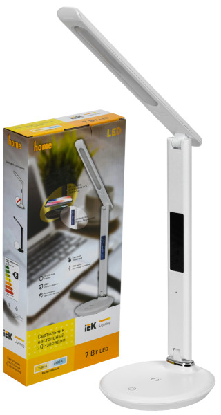 LIGHTING Светильник светодиодный настольный 2011 7Вт на подставке QI-заряд USB-выход кожа белый IEK