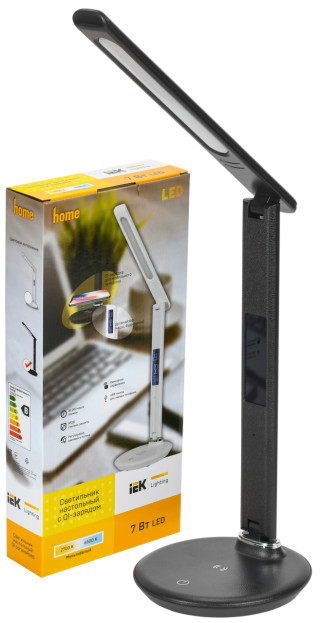 LIGHTING Светильник светодиодный настольный 2011 7Вт на подставке QI-заряд USB-выход кожа черный IEK