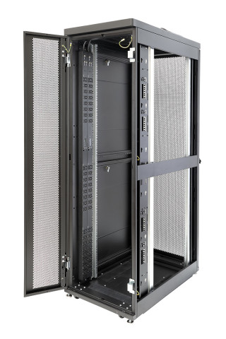 Шкаф Rackcenter D9000 48U 600 × 1200, передняя дверь перфорированная одностворчатая, задняя дверь перфорированная двустворчатая, черный