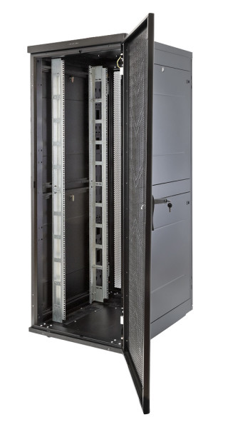 Шкаф Rackcenter D9000 48U 750 × 1200, передняя дверь перфорированная одностворчатая, задняя дверь перфорированная двустворчатая, черный