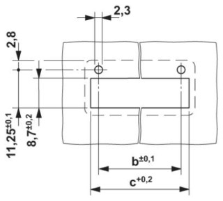 Схема расположения отверстий, Размер b: 6,19 мм+ (количество контактов x 3,81 мм), Размер c: размер b+ 4,7 мм