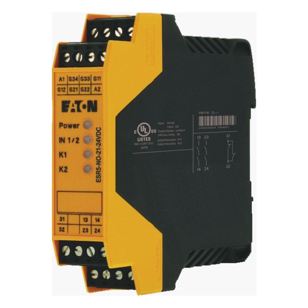 ESR5-NO-21-24VDC Реле безопасности Eaton ESR5 (одно-/двухканальное), 2 канала включения + 1 канал сигнализации, 24 В постоянного тока