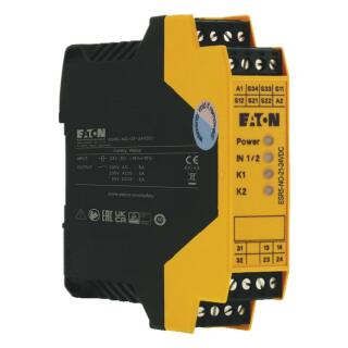 Реле безопасности Eaton ESR5 (одно-/двухканальное), 2 канала включения + 1 канал сигнализации, 24 В постоянного тока