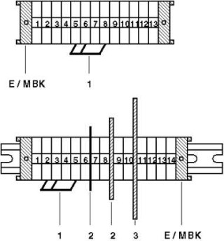 Электрическая схема, 1 = Гребенчатый мостик 2 = Разделительная перегородка 3 = Разделительная пластина