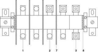 Электрическая схема, 1 = Мощные клеммы, с болтовым комплектом AS по обеим сторонам, 2 = Мощные клеммы, с одной стороны - клеммная втулка KH, с другой ...