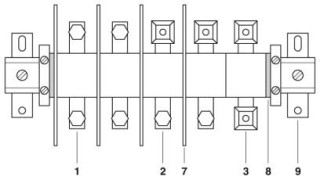 Схематический чертеж, 1 = Мощные клеммы, с болтовым комплектом AS по обеим сторонам, 2 = Мощные клеммы, с одной стороны - клеммная втулка KH, с другой...