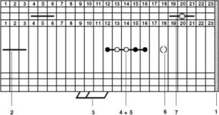 Электрическая схема, 1 = Концевая крышка, 2 = Винтовой мостик, 3 = Гребенчатый мостик, 4 = Изолирующая полоска мостика, 5 = Изолирующая полоска, 6 = Г...