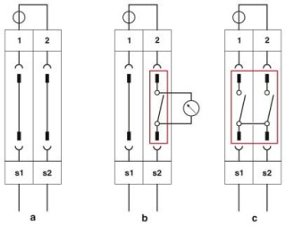Электрическая схема, a = нормальный режим, b = режим измерения, c = короткое замыкание