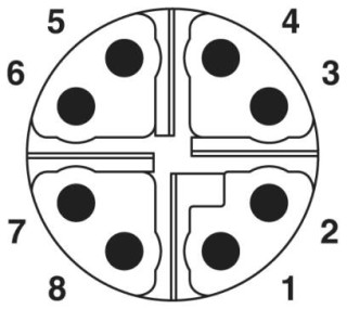 Схематический чертеж, Расположение контактов штекера М12, 8 полюсов, с механическим ключом типа Х, вид со стороны штыревой части