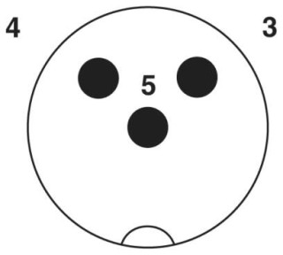 Схематический чертеж, Расположение контактов штыревого разъема М12, 3 контакта, с механическим ключом А-типа, вид со стороны штыревой части