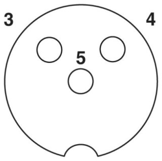 Схематический чертеж, Расположение контактов гнездового разъема М12, 3 контакта, с механическим ключом А-типа, вид со стороны гнездовой части