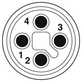Схематический чертеж, Расположение контактов штекера М12, 4 полюса, с механическим ключом типа Т, вид со стороны штыревой части