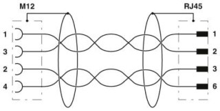 Электрическая схема, Схема расположения контактов гнезда M12 и штекера RJ45