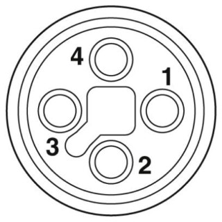 Схематический чертеж, Расположение контактов гнезда M12, 4-конт., с мех. ключом T, вид со стороны гнезда