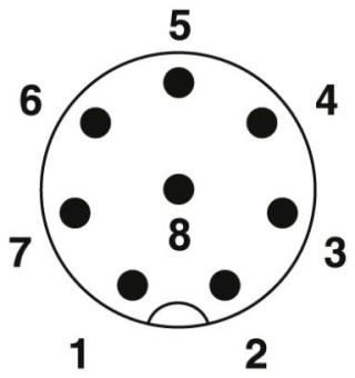 Схематический чертеж, Расположение контактов штекера М12, 8 контактов, вид со стороны штыревой части
