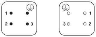 Схематический чертеж, Схема расположения штифтов слева, гнезда справа, со стороны соединения