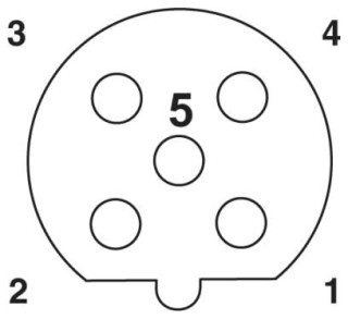 Схематический чертеж, Расположение контактов штыревой части М12, 5 контакта, с механическим ключом типа В, вид со стороны штыревых контактов