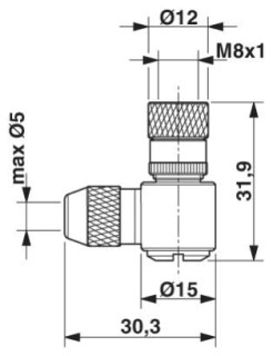 Чертеж, Розетка M8 x 1, угловая, экранированная