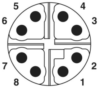 Схематический чертеж, Расп. контактов штекера M12 Cat6A, 8-конт., вид со ст. контактных штырьков