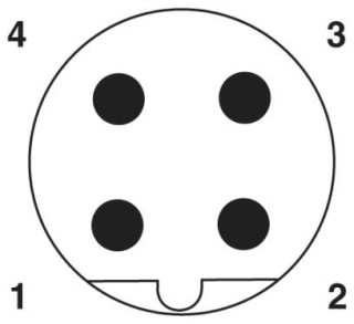Схематический чертеж, Расположение контактов штекера М12, 4 полюса, с механическим ключом типа В, вид со стороны штыревой части